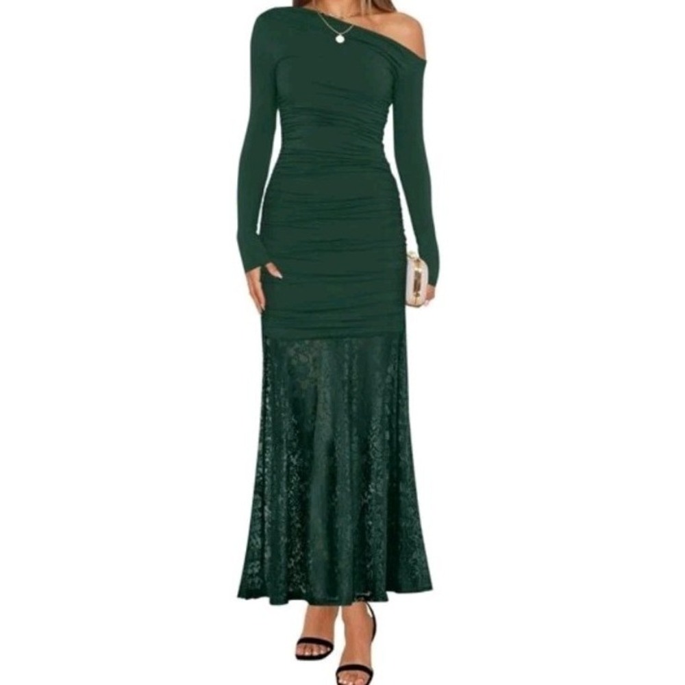 ZESICA Dress Womens XL Green One Shoulder Lace Maxi Ruched Gown Formal New